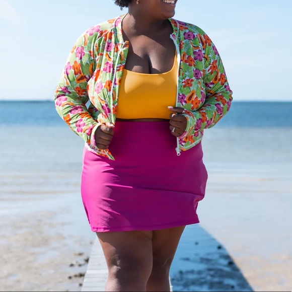 Other - 3 piece set Crop Long Sleeve Rash Guard | "Hibiscus" with top and swim skirt